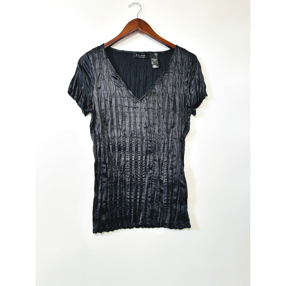Axcess Womens Black Crinkle Texture V-Neck Short Sleeve Top Size 8 Y2K Slim